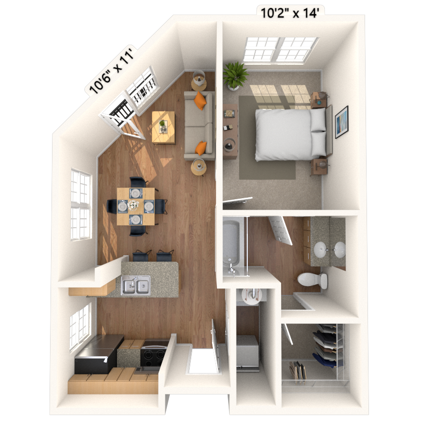 Floor plan for 1 bed, 1 bath, 632 sqft